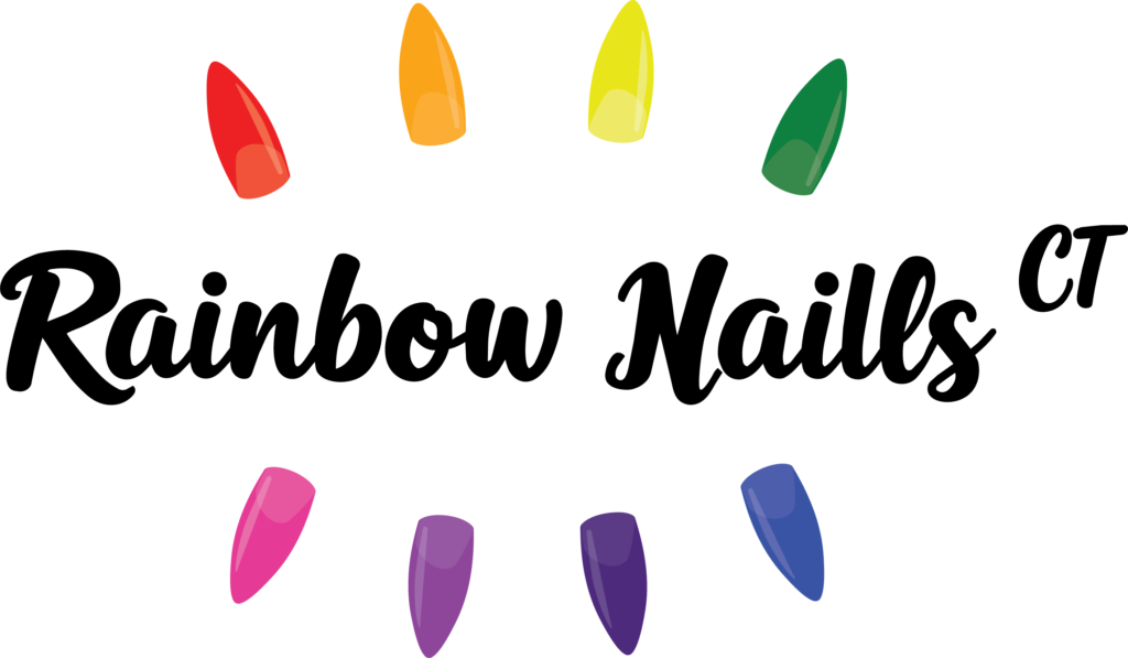 Rainbow Nails CT home, logo with painted nails in rainbow colors arched above and below the name